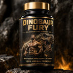 Dinosaur Fury men's fertility and vitality supplement in a black bottle with gold cap, 30 capsules