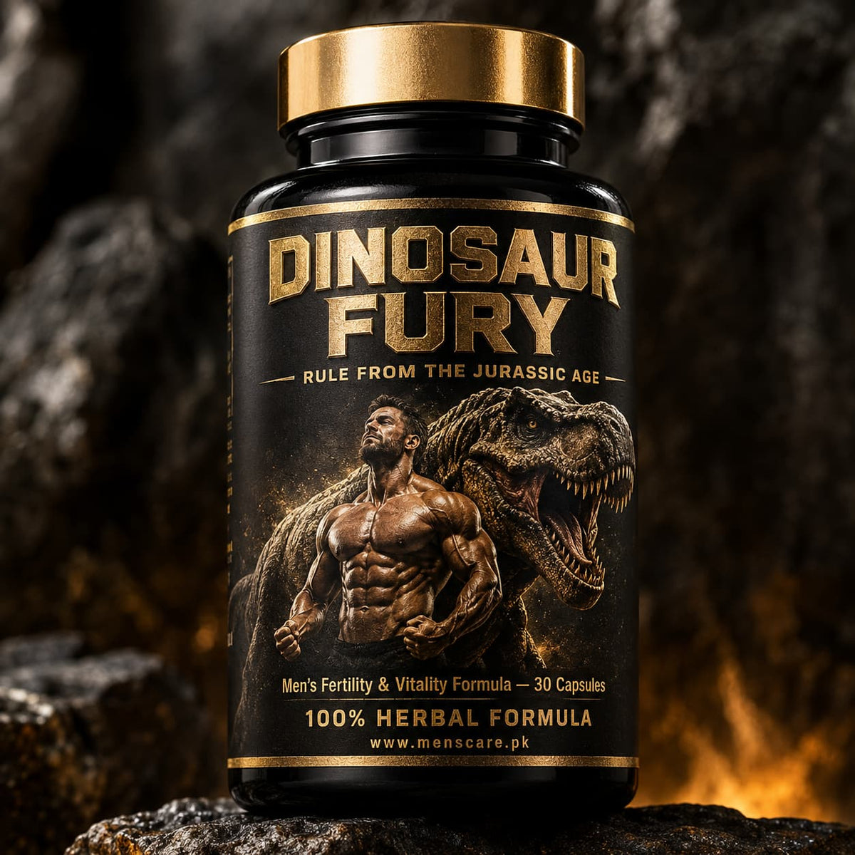 Dinosaur Fury men's fertility and vitality supplement in a black bottle with gold cap, 30 capsules
