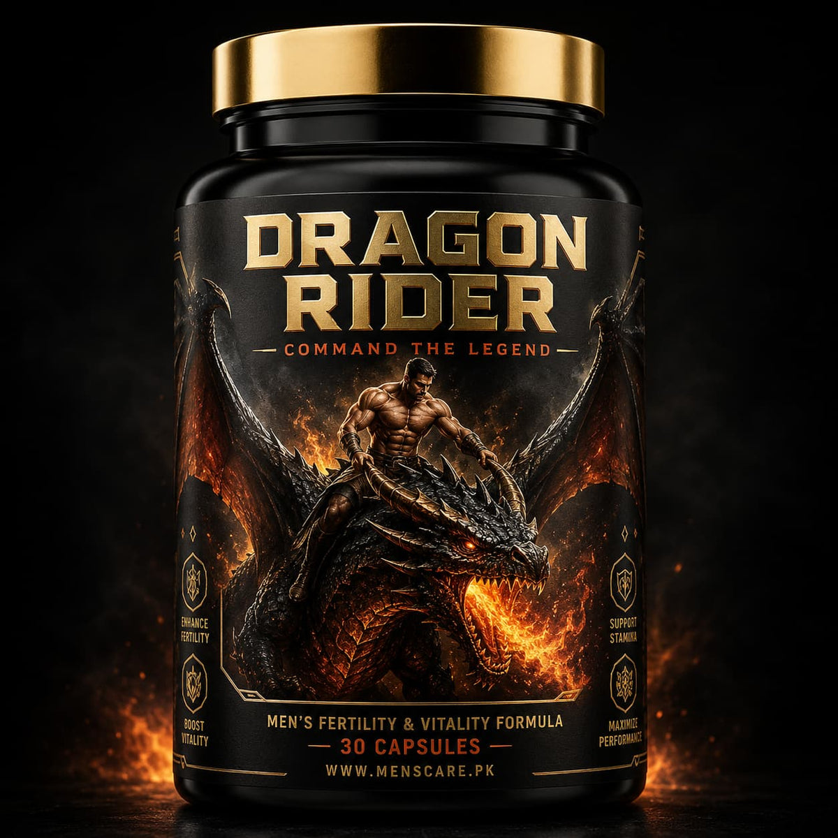 Dragon Rider men's fertility and vitality supplement in a black bottle with gold cap, 30 capsules